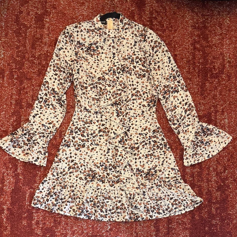 Floral Ruffle Long-Sleeve Mini Dress - Ivory with Brown & Black Spots